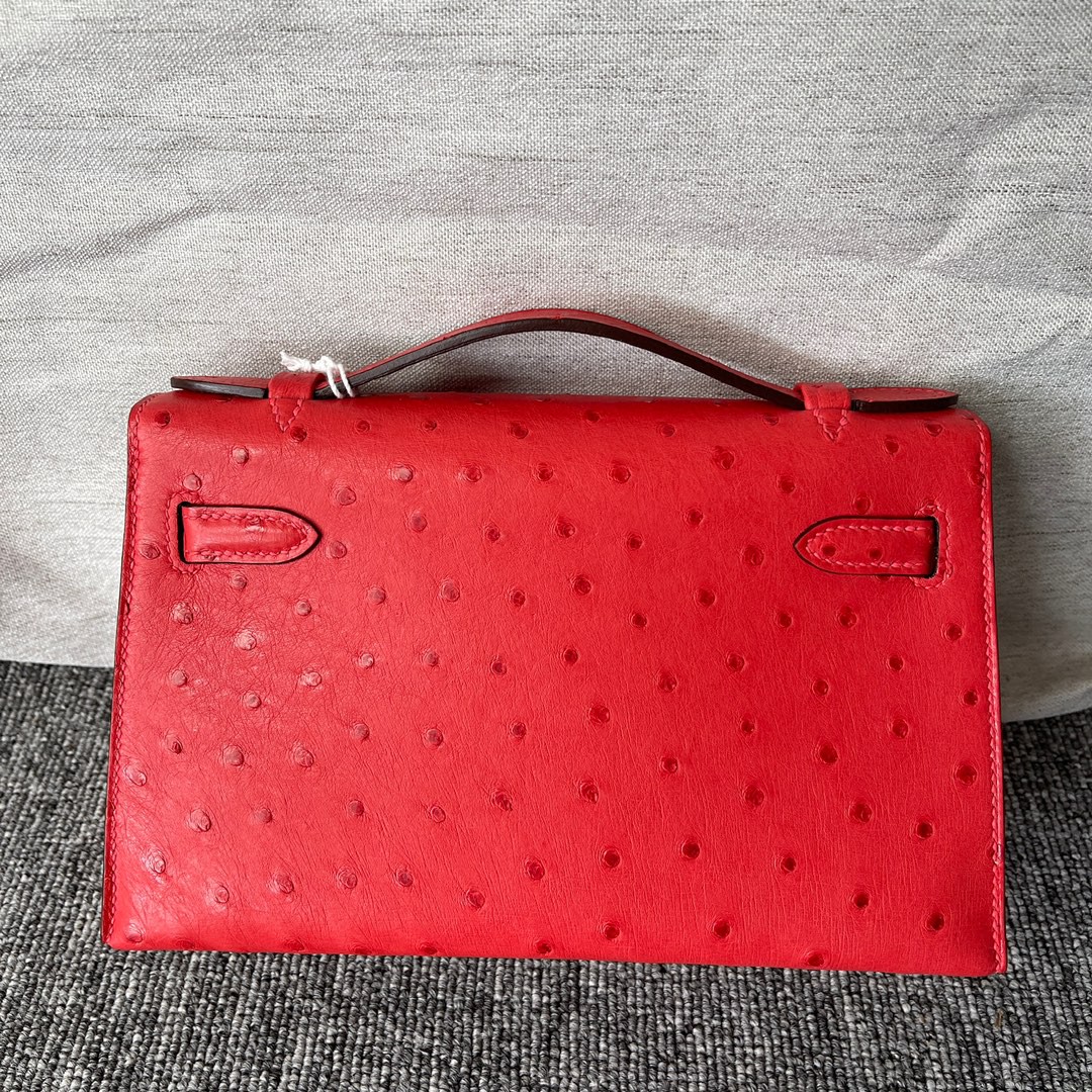 Hermès（爱马仕）Mini kelly pochette Q5 国旗红 鸵鸟皮 金扣 22cm 顶级手缝 手拿包 晚宴包