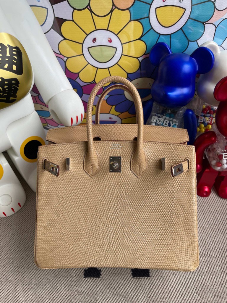 Hermès（爱马仕）Birkin 铂金包 Lizard 进口亮面蜥蜴 杏色 银扣 25cm 顶级手缝 定制