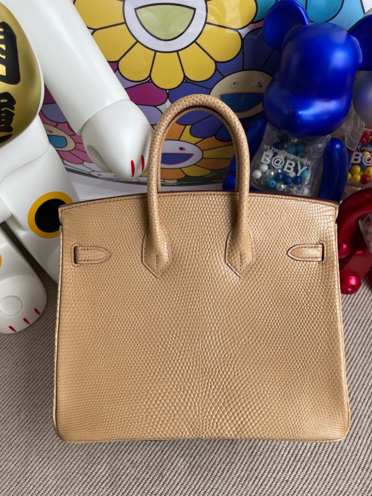 Hermès（爱马仕）Birkin 铂金包 Lizard 进口亮面蜥蜴 杏色 银扣 25cm 顶级手缝 定制