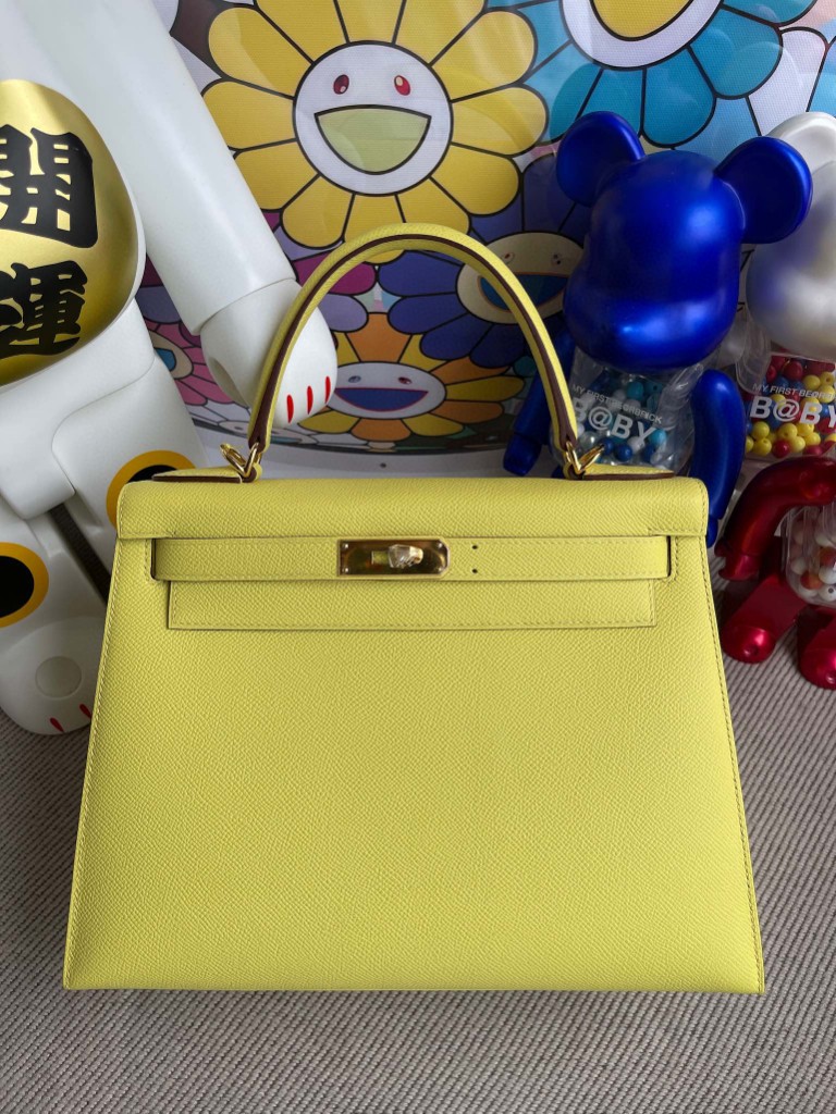 Hermès（爱马仕）Kelly 凯莉包 Epsom 原厂掌纹皮 9R 柠檬黄 Lime 金扣 28cm 顶级手缝