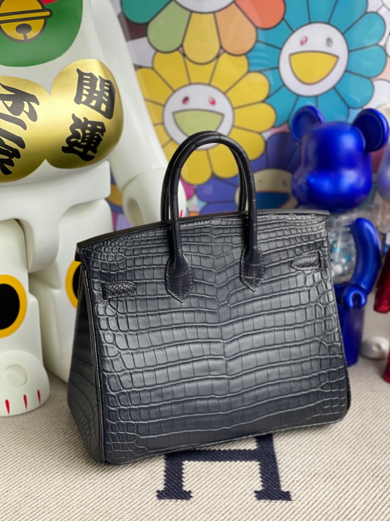 Hermès（爱马仕）Birkin 铂金包 Crocodile matt 雾面鳄鱼 CK76 深海蓝 Blue indigo 银扣 25cm 顶级手缝