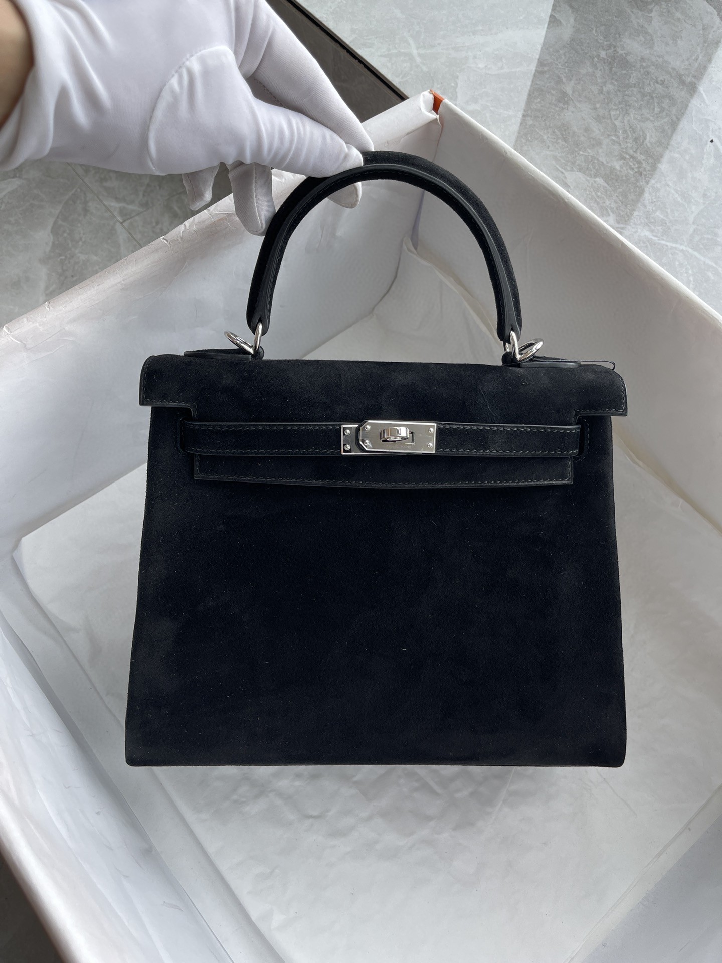 Hermès（爱马仕）Kelly 凯莉包 麂皮 ck89 黑色 Noir 银扣 25cm 顶级手缝 现货
