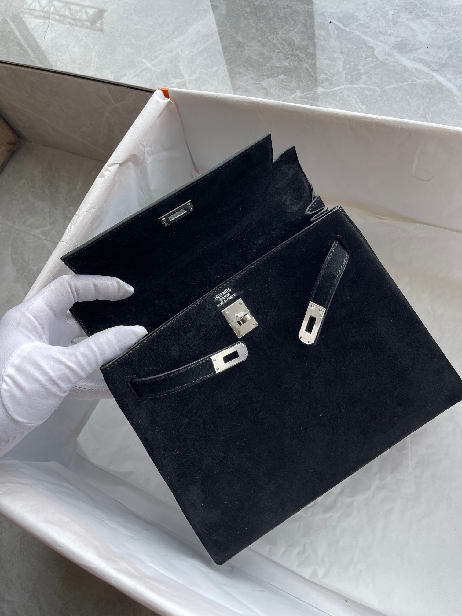 Hermès（爱马仕）Kelly 凯莉包 麂皮 ck89 黑色 Noir 银扣 25cm 顶级手缝 现货