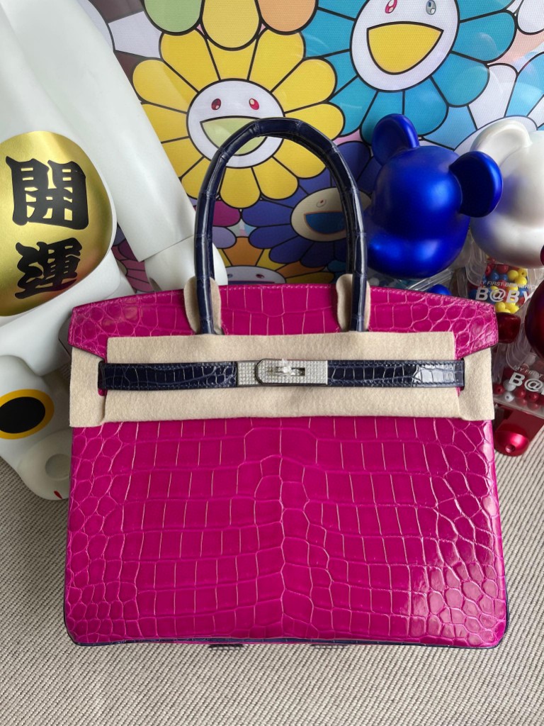 Hermès（爱马仕）Birkin 铂金包 Crocodile shiny 亮面鳄鱼 J5 天方夜谭粉紫 拼 宝石蓝 钻扣银扣 30cm 特别定制