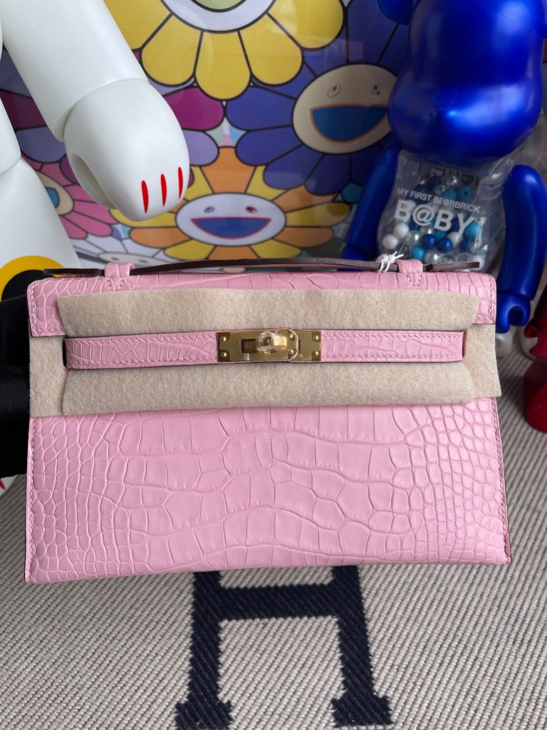 Hermès（爱马仕）Mini kelly pochette alligator matt 雾面鳄鱼 3Q粉 金扣 22cm 顶级手缝 手拿包 晚宴包