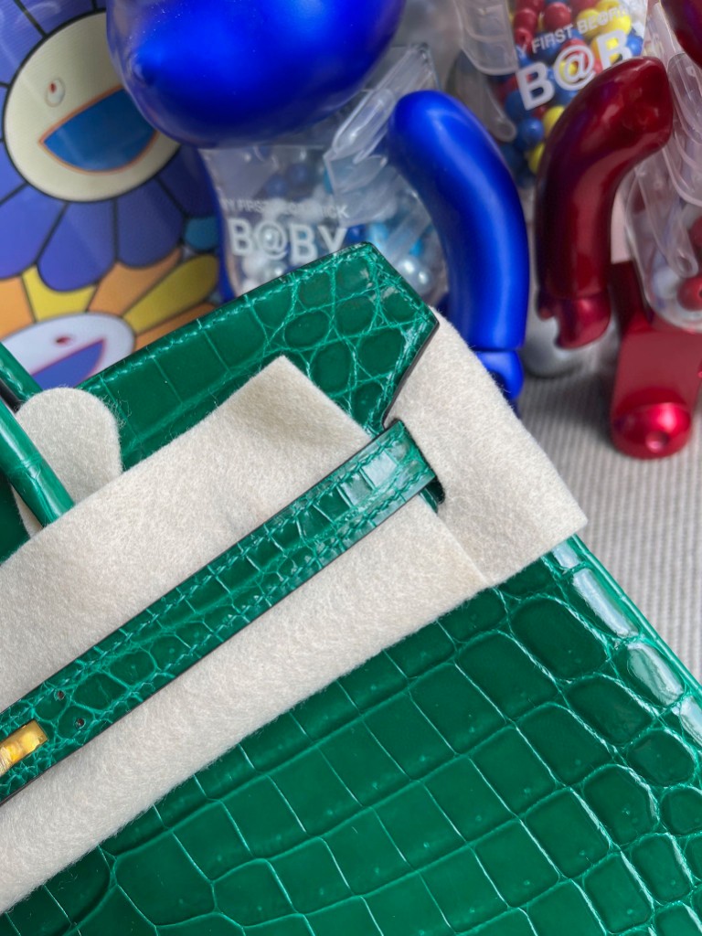 Hermès（爱马仕）Birkin 铂金包 Crocodile shiny 亮面鳄鱼 6Q翡翠绿 金扣 25cm 顶级手缝 定制