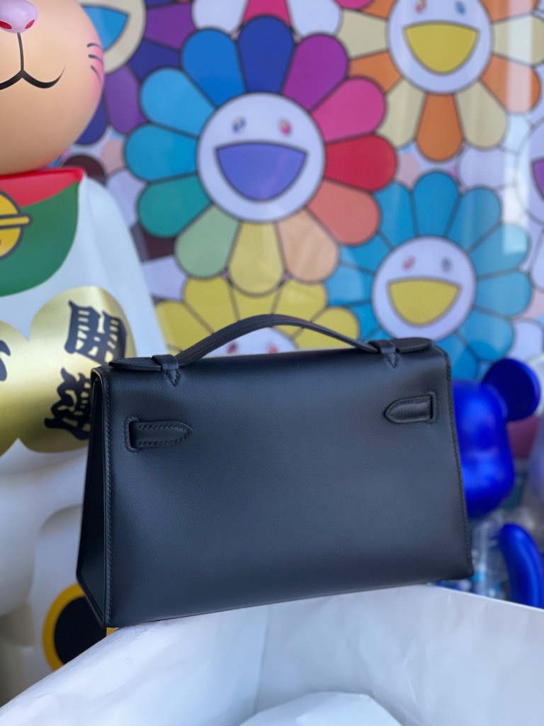 Hermès（爱马仕）Mini kelly pochette Swift 皮 ck89 黑色 Noir 金扣 22cm 手拿包 晚宴包
