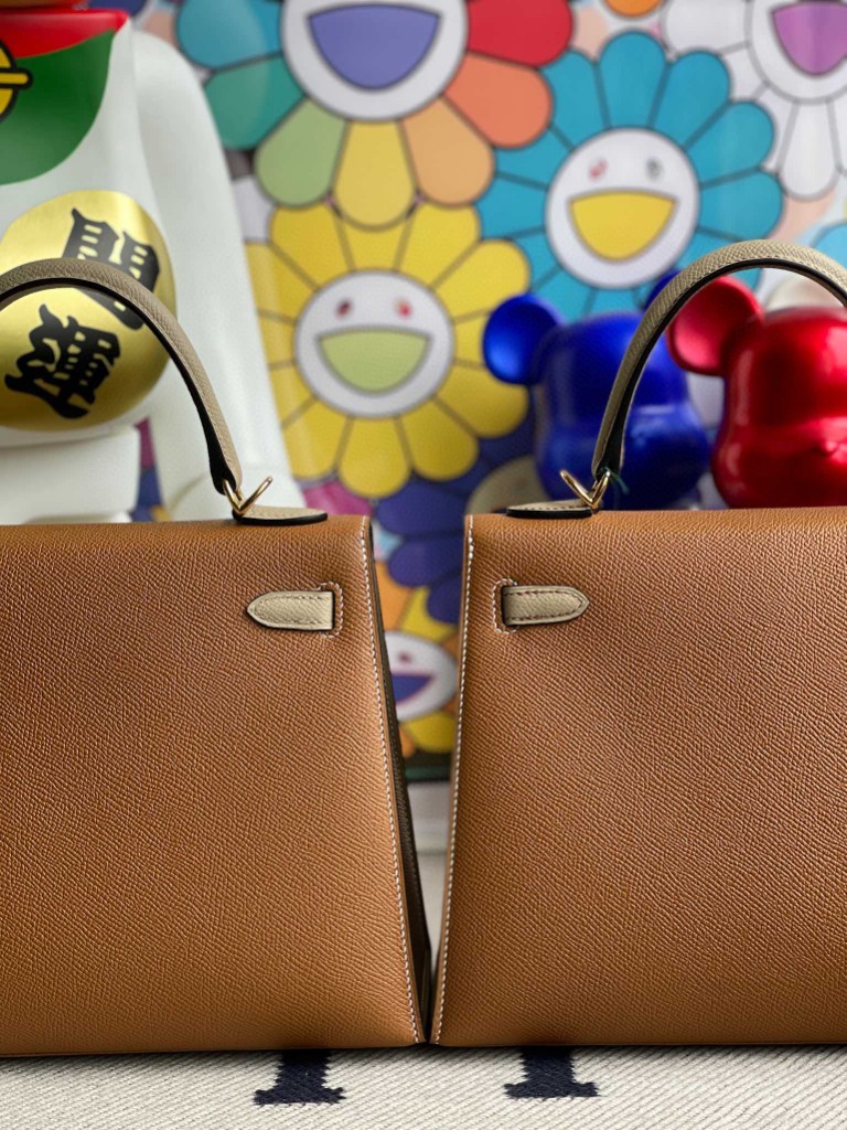 Hermès（爱马仕）Kelly 凯莉包 Epsom 原厂掌纹皮 ck37 金棕色 拼 S2 风衣灰 金扣 25cm 马蹄印 顶级手缝