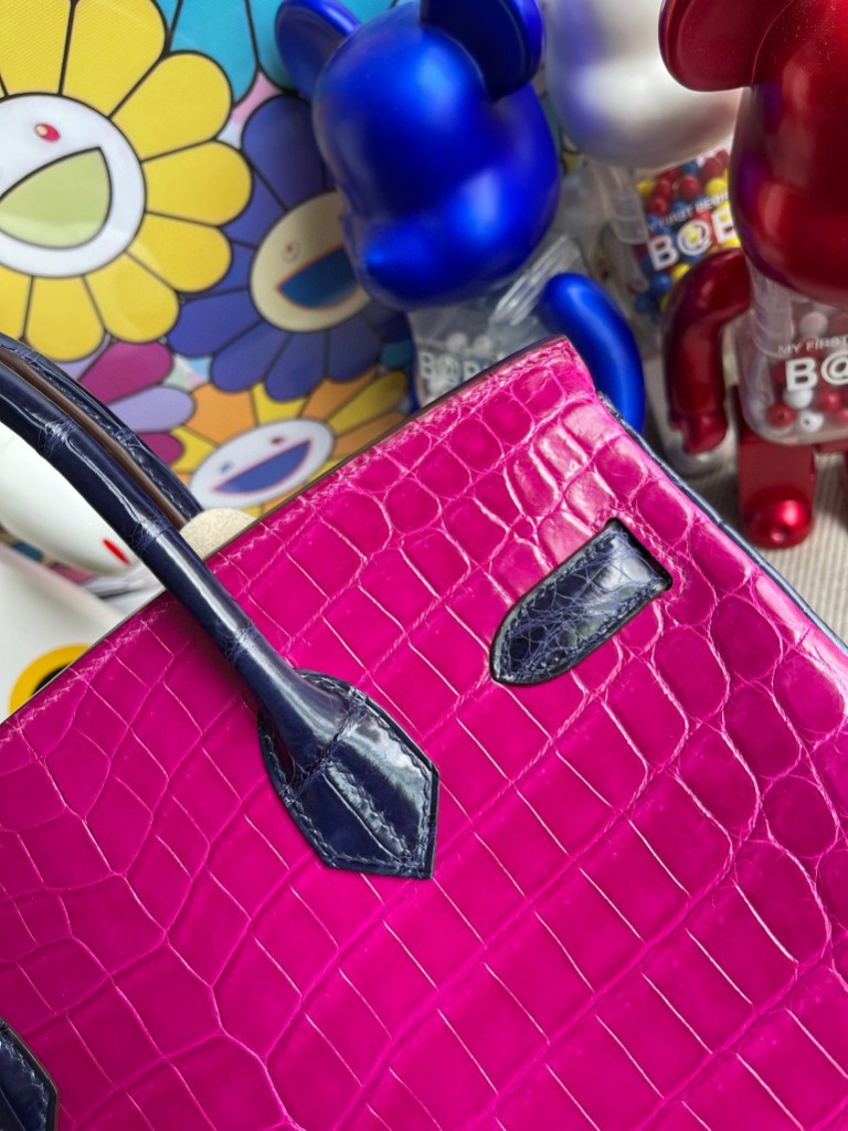 Hermès（爱马仕）Birkin 铂金包 Crocodile shiny 亮面鳄鱼 J5 天方夜谭粉紫 拼 宝石蓝 钻扣银扣 30cm 特别定制