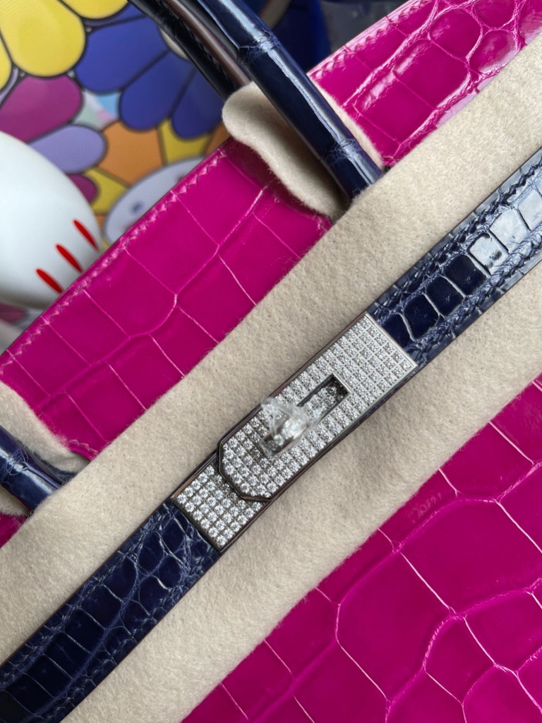 Hermès（爱马仕）Birkin 铂金包 Crocodile shiny 亮面鳄鱼 J5 天方夜谭粉紫 拼 宝石蓝 钻扣银扣 30cm 特别定制