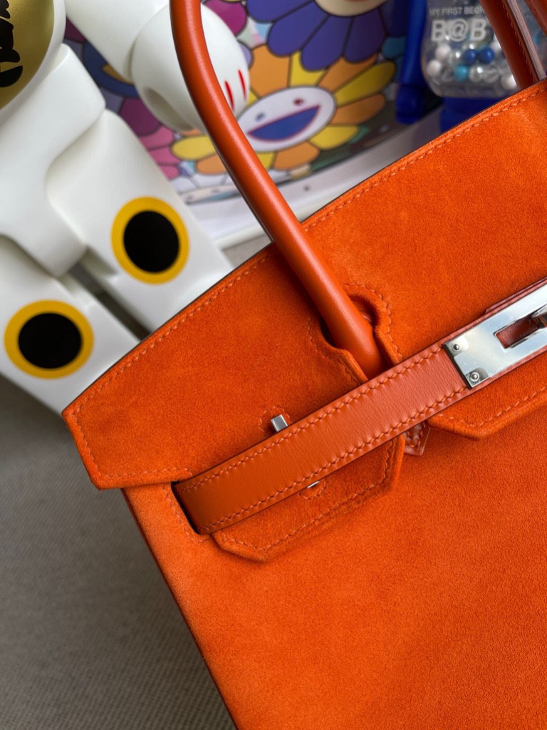 Hermès（爱马仕）Birkin 铂金包 麂皮 橙色拼boxcalf 橙色 银扣 30cm 顶级手缝 定制