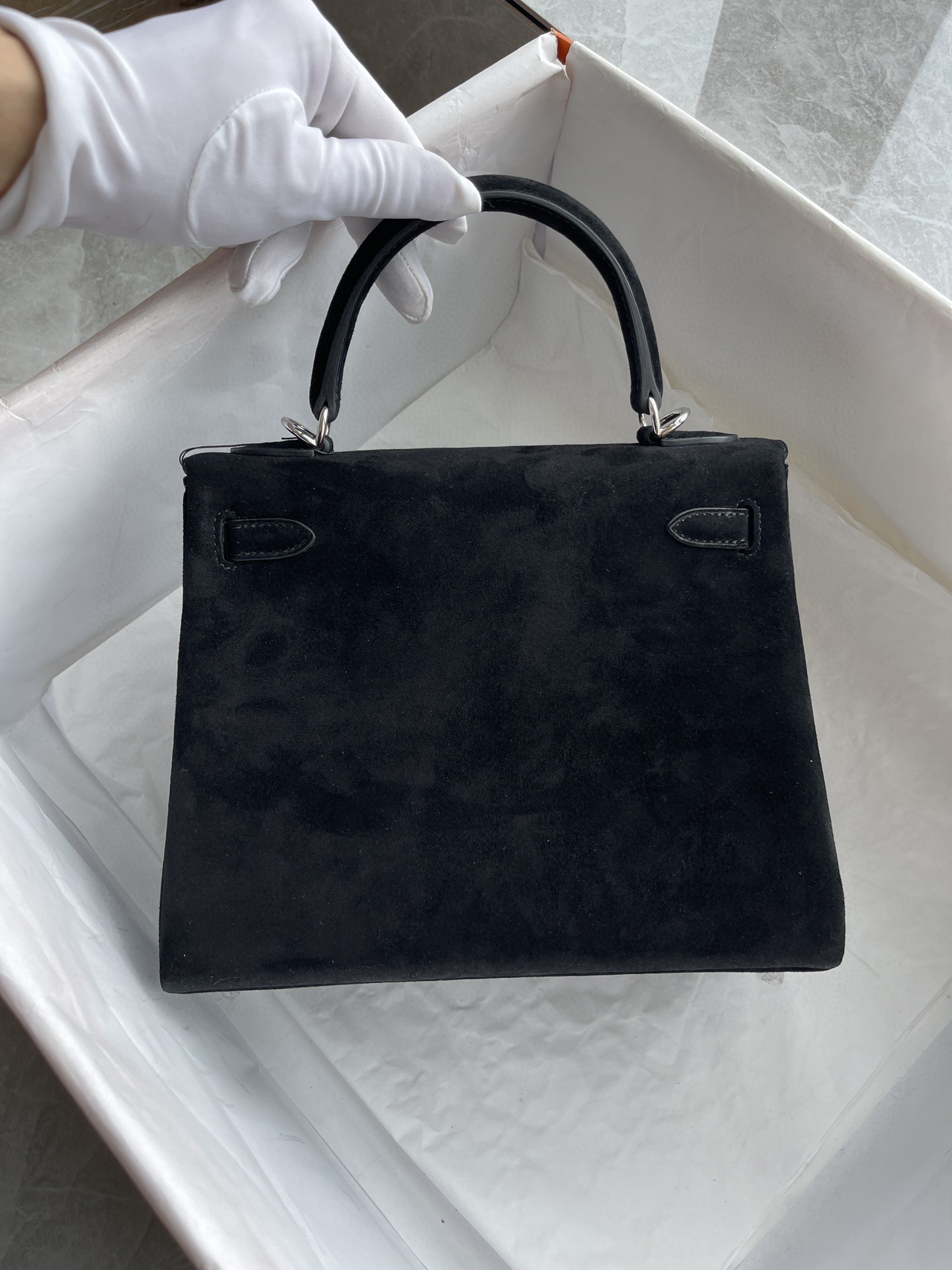 Hermès（爱马仕）Kelly 凯莉包 麂皮 ck89 黑色 Noir 银扣 25cm 顶级手缝 现货