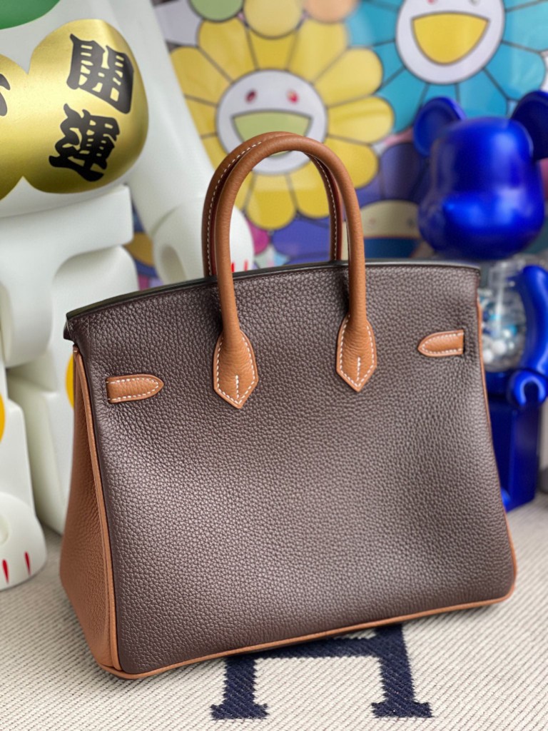 Hermès（爱马仕）Birkin 铂金包 原厂小牛皮 togo 乌木色 拼 金棕色 金扣 马蹄印 25cm