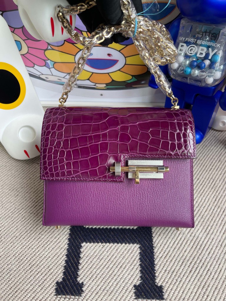 Hermès（爱马仕）Verrou 插销包 Chevre 海葵紫 拼 加仑紫 亮面鳄鱼 双拼扣 17cm