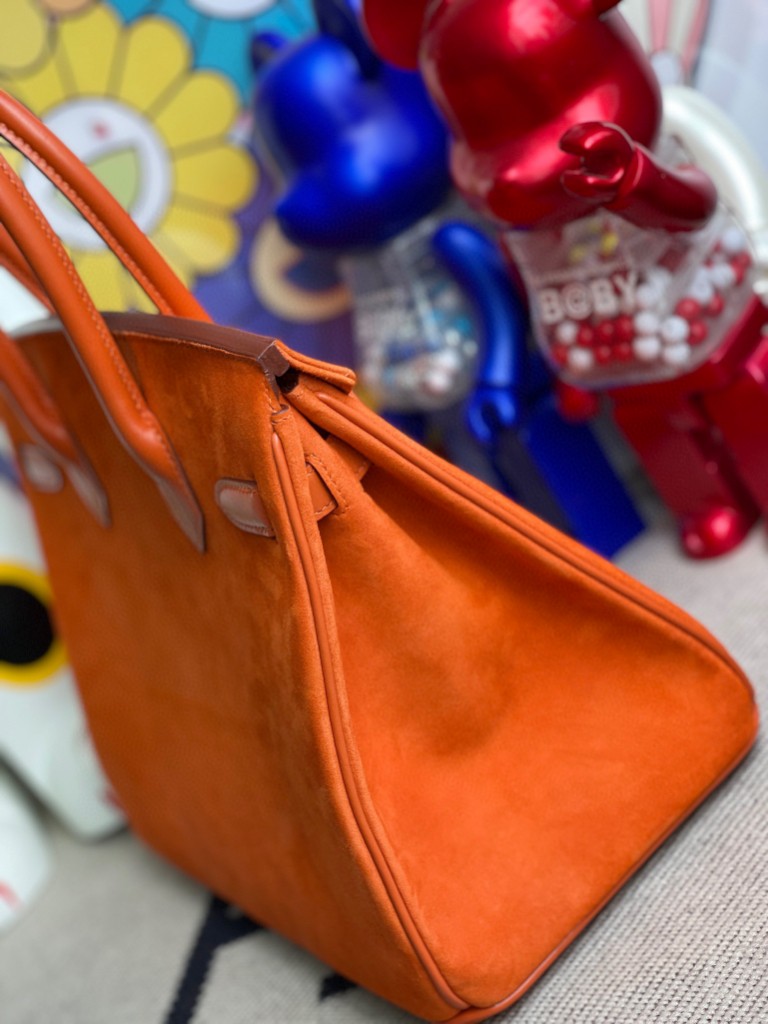 Hermès（爱马仕）Birkin 铂金包 麂皮 橙色拼boxcalf 橙色 银扣 30cm 顶级手缝 定制