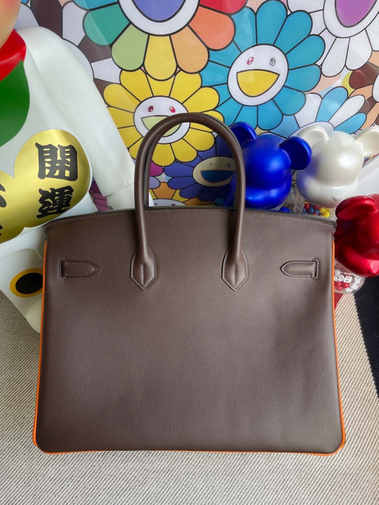 Hermès（爱马仕）Birkin 铂金包 Swift 巧克力色拼橙色 银扣 35cm 马蹄印 顶级手缝 定制