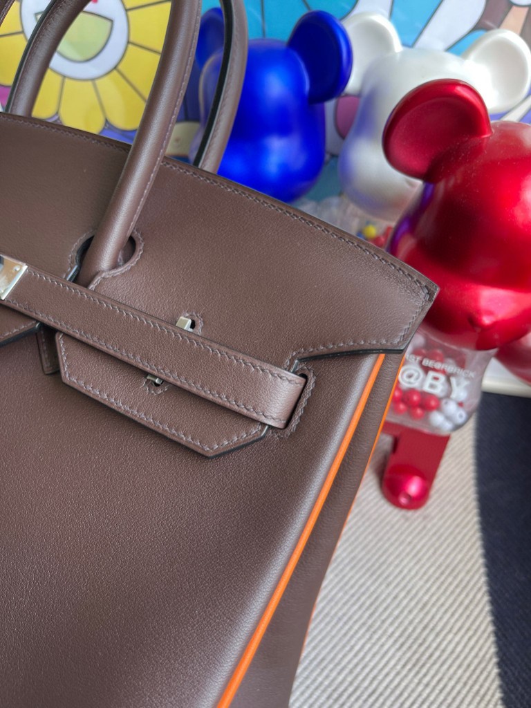 Hermès（爱马仕）Birkin 铂金包 Swift 巧克力色拼橙色 银扣 35cm 马蹄印 顶级手缝 定制
