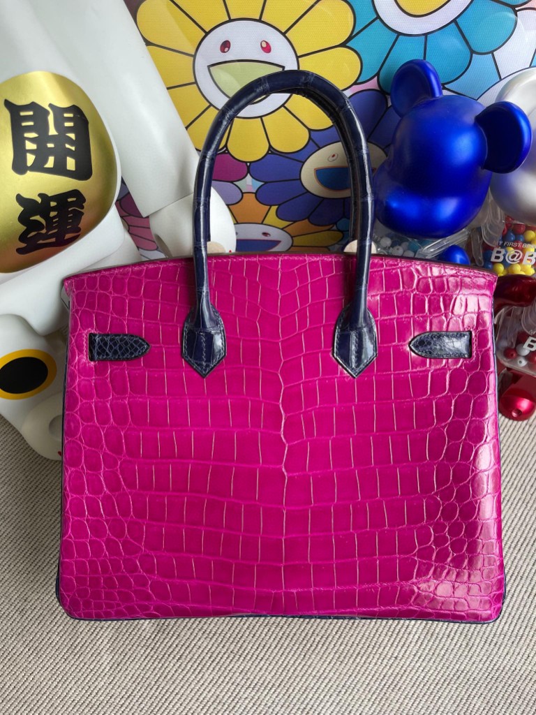 Hermès（爱马仕）Birkin 铂金包 Crocodile shiny 亮面鳄鱼 J5 天方夜谭粉紫 拼 宝石蓝 钻扣银扣 30cm 特别定制