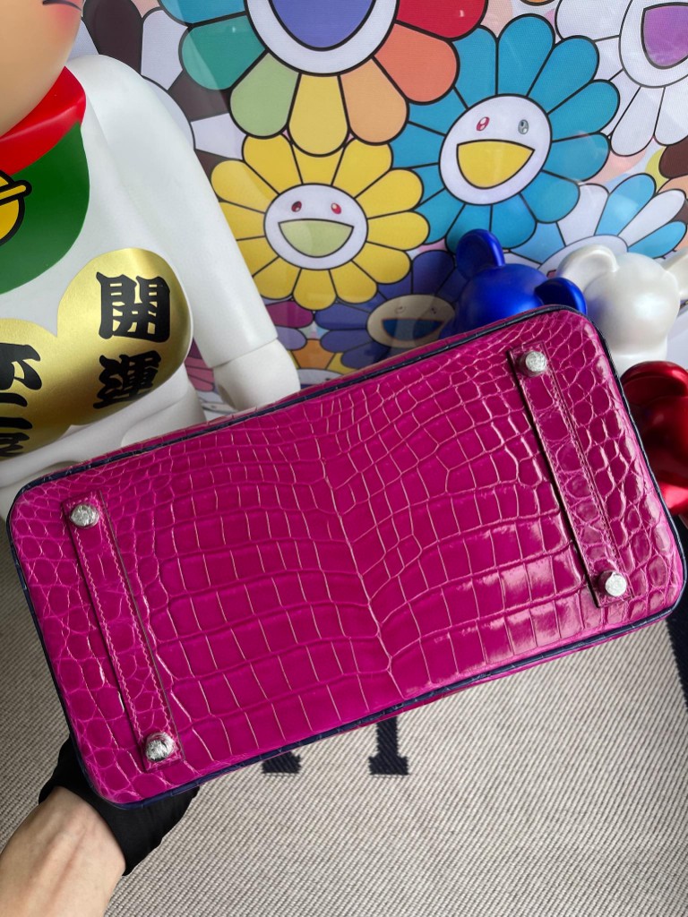 Hermès（爱马仕）Birkin 铂金包 Crocodile shiny 亮面鳄鱼 J5 天方夜谭粉紫 拼 宝石蓝 钻扣银扣 30cm 特别定制