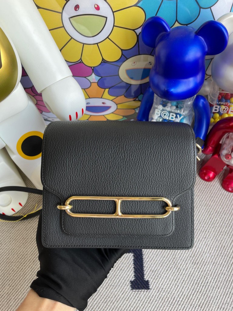 Hermès（爱马仕）Roulis 猪鼻子 Chevre 山羊皮 ck89 黑色 Noir 浅金色 18cm 顶级手缝
