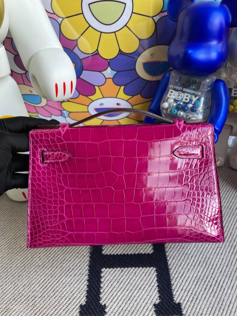 Hermès（爱马仕）Mini kelly pochette Alligator shiny 亮面鳄鱼 J5 天方夜谭粉紫 金扣 22cm