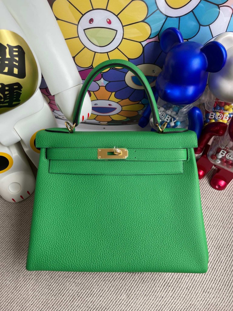 Hermès（爱马仕）kelly 凯莉包 原厂小牛皮 togo 1K 竹子绿 Bamboo 金扣 28cm 顶级手缝