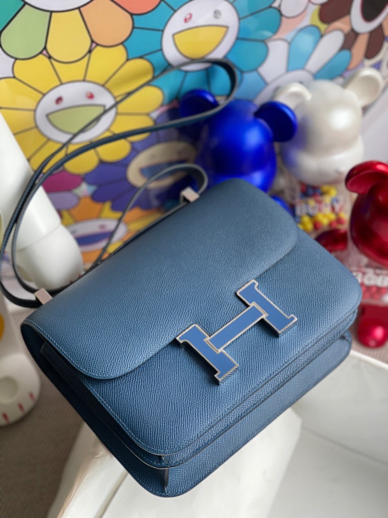 Hermès（爱马仕）Constance 空姐包 epsom 原厂掌纹皮 S4 深邃蓝 珐琅扣 银扣 24cm 顶级手缝