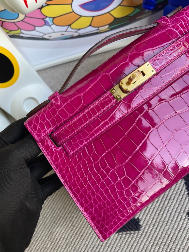 Hermès（爱马仕）Mini kelly pochette Alligator shiny 亮面鳄鱼 J5 天方夜谭粉紫 金扣 22cm