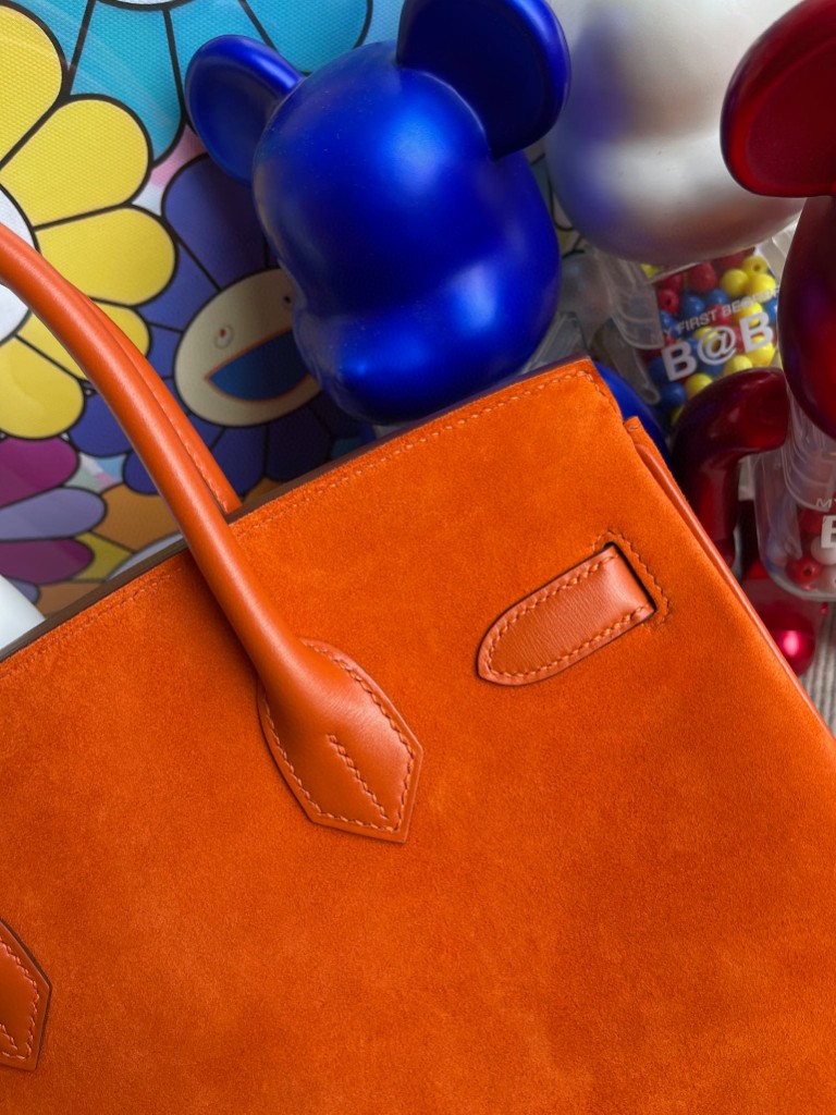 Hermès（爱马仕）Birkin 铂金包 麂皮 橙色拼boxcalf 橙色 银扣 30cm 顶级手缝 定制