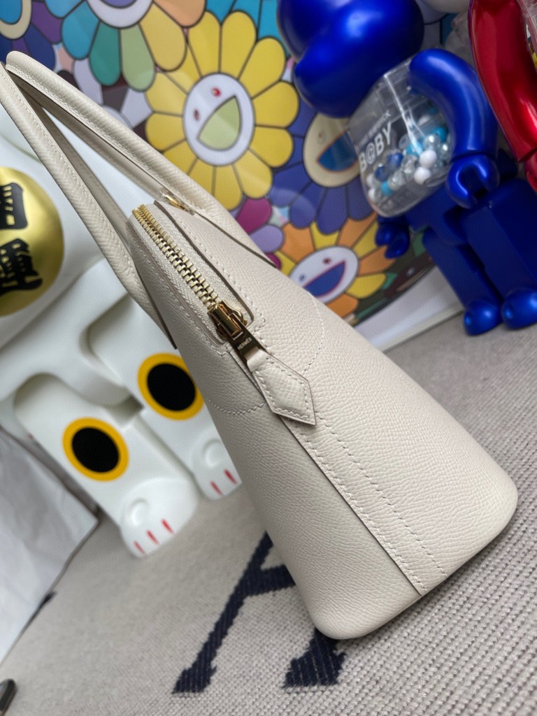 Hermès（爱马仕）Bolide 保龄球包 Epsom 原厂掌纹皮 ck10 奶昔白 Craie 金扣 27cm 顶级手缝
