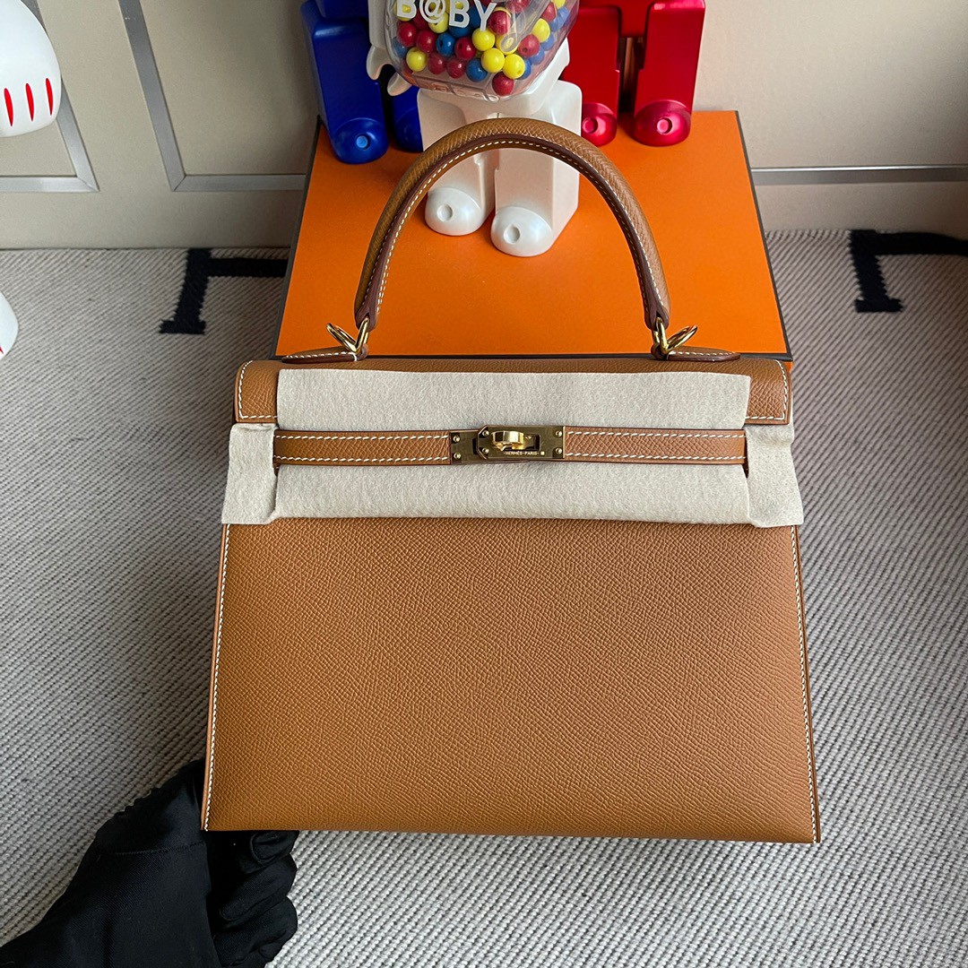 Hermès（爱马仕）Kelly 凯莉包 Epsom 原厂掌纹皮 ck37 金棕色 Gold 金扣 25cm 顶级手缝
