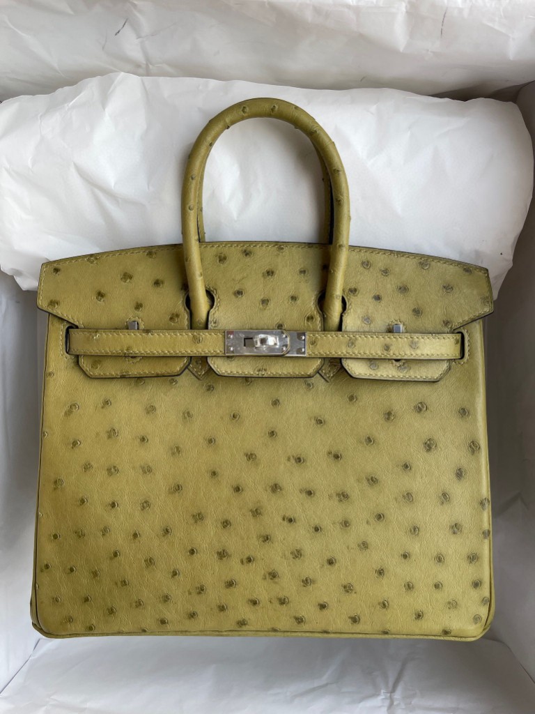 Hermès（爱马仕）Birkin 铂金包 Ostrich kk鸵鸟 草绿色 银扣 25cm 顶级手缝