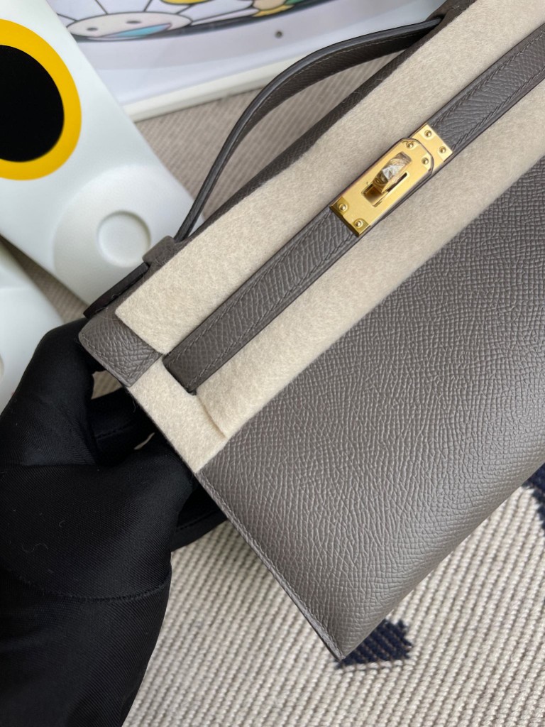 Hermès（爱马仕）Mini kelly pochette Epsom 原厂掌纹皮 8F 锡器灰 etain 金扣 22cm 顶级手缝 手拿包 晚宴包