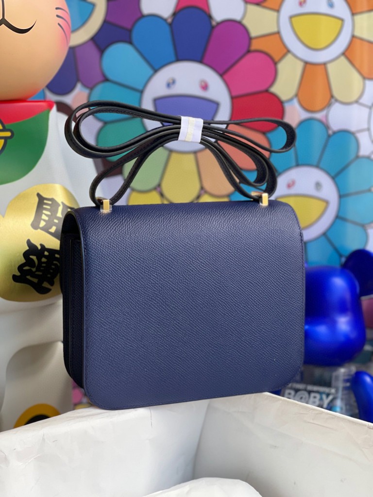 Hermès（爱马仕）Constance 空姐包 Epsom 原厂掌纹皮 宝石蓝 Blue saphir 金扣 18cm 顶级手缝