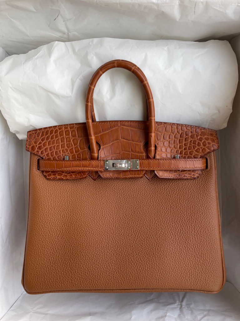Hermès（爱马仕）Birkin Touch 系列 金棕色 雾面棕色鳄鱼 银扣 25cm 顶级手缝