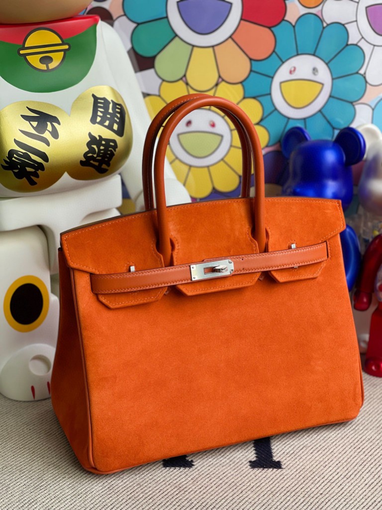 Hermès（爱马仕）Birkin 铂金包 麂皮 橙色拼boxcalf 橙色 银扣 30cm 顶级手缝 定制