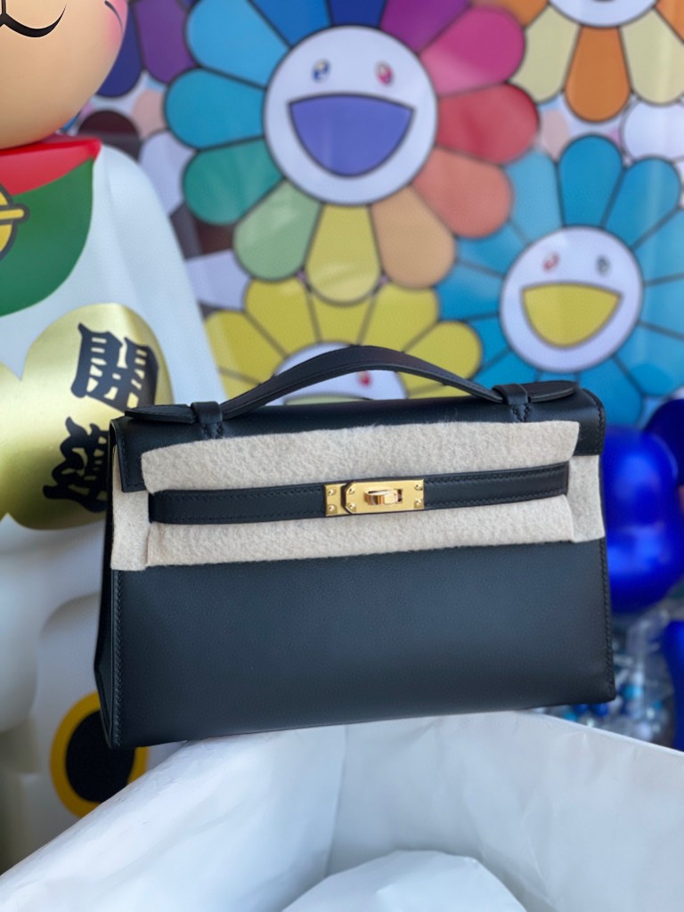 Hermès（爱马仕）Mini kelly pochette Swift 皮 ck89 黑色 Noir 金扣 22cm 手拿包 晚宴包