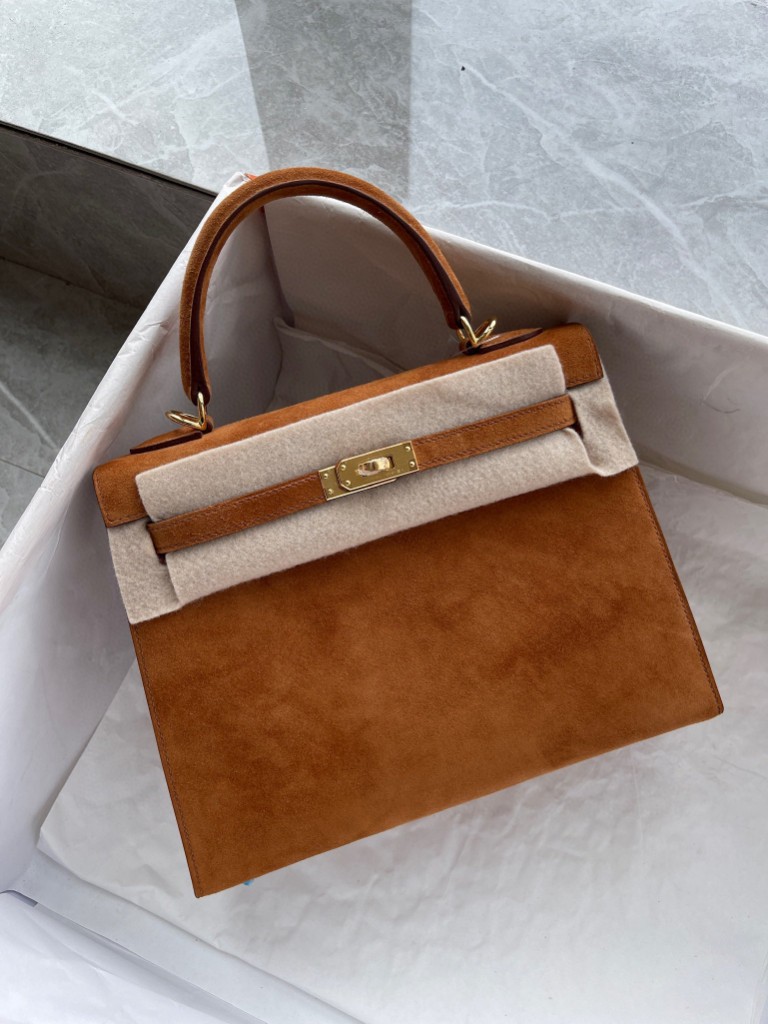 Hermès（爱马仕）Kelly 凯莉包 麂皮 ck37 金棕色 Gold 金扣 25cm 顶级手缝 现货