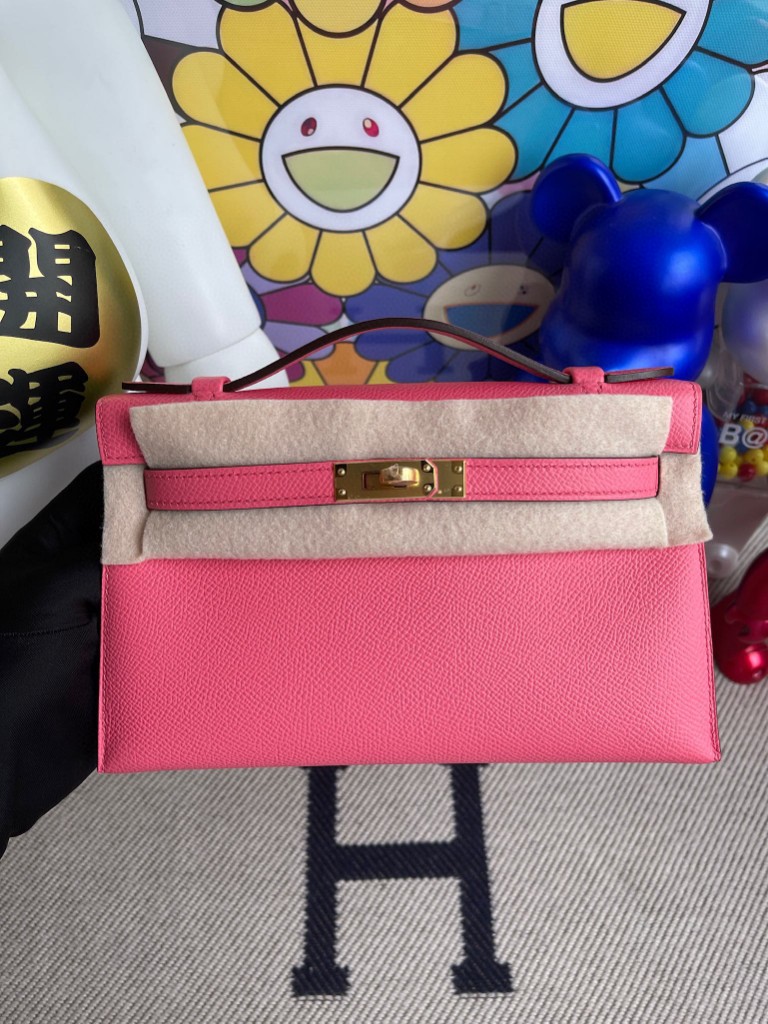Hermès（爱马仕）Mini pochette Epsom 原厂掌纹皮 8W 唇膏粉 rose azalee 金扣 22cm 手拿包 晚宴包