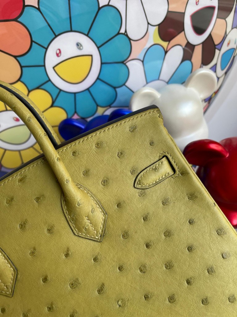 Hermès（爱马仕）Birkin 铂金包 Ostrich kk鸵鸟 草绿色 银扣 25cm 顶级手缝