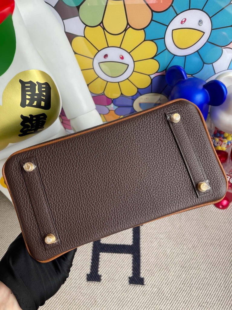 Hermès（爱马仕）Birkin 铂金包 原厂小牛皮 togo 乌木色 拼 金棕色 金扣 马蹄印 25cm
