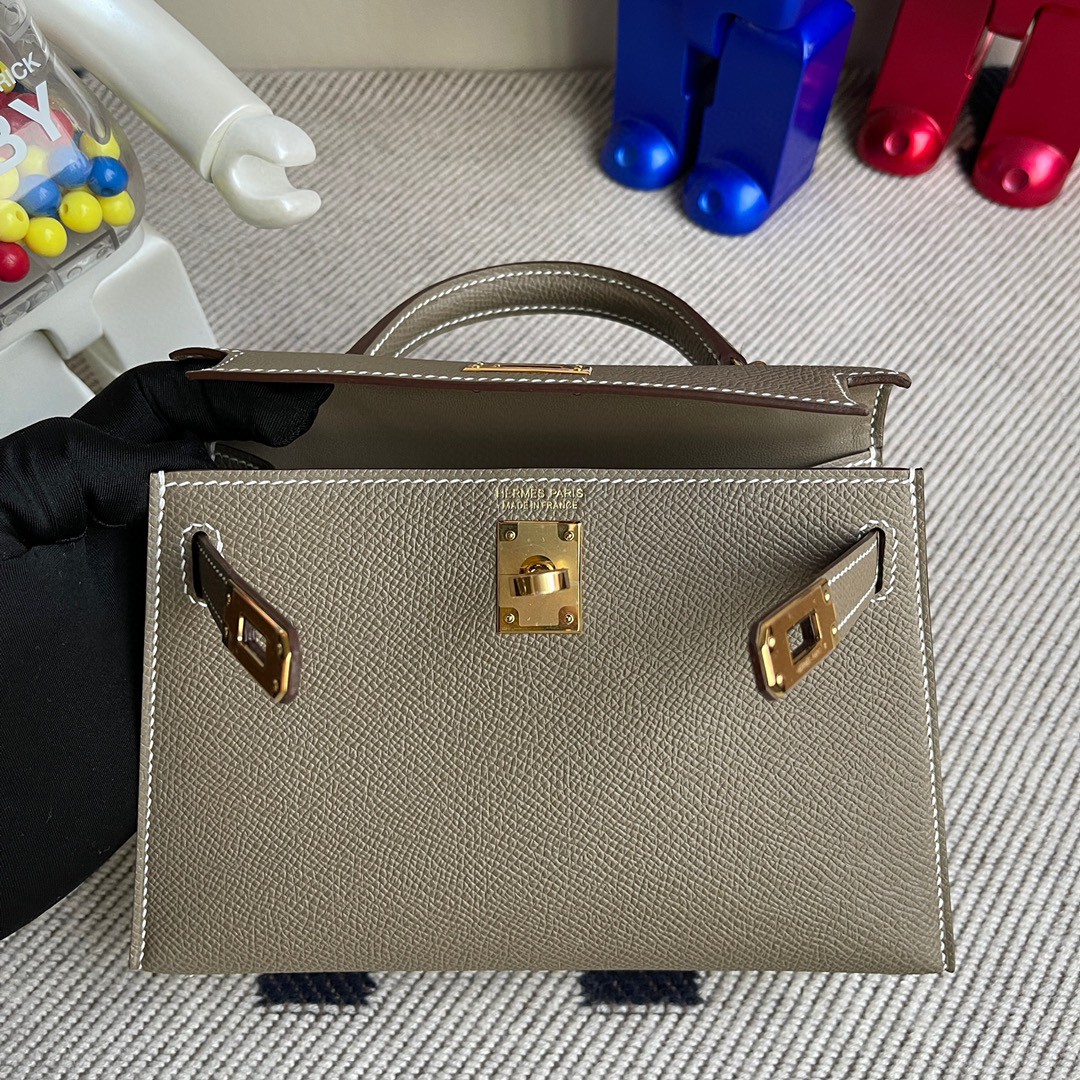 Hermès（爱马仕）Minikelly ll Epsom 原厂掌纹皮 ck18 大象灰 Etoupe 金扣 现货