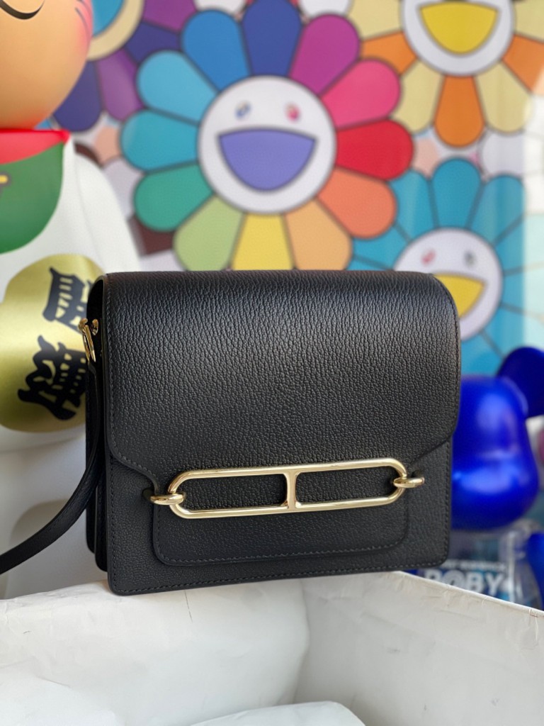 Hermès（爱马仕）Roulis 猪鼻子 Chevre 山羊皮 ck89 黑色 Noir 浅金色 18cm 顶级手缝
