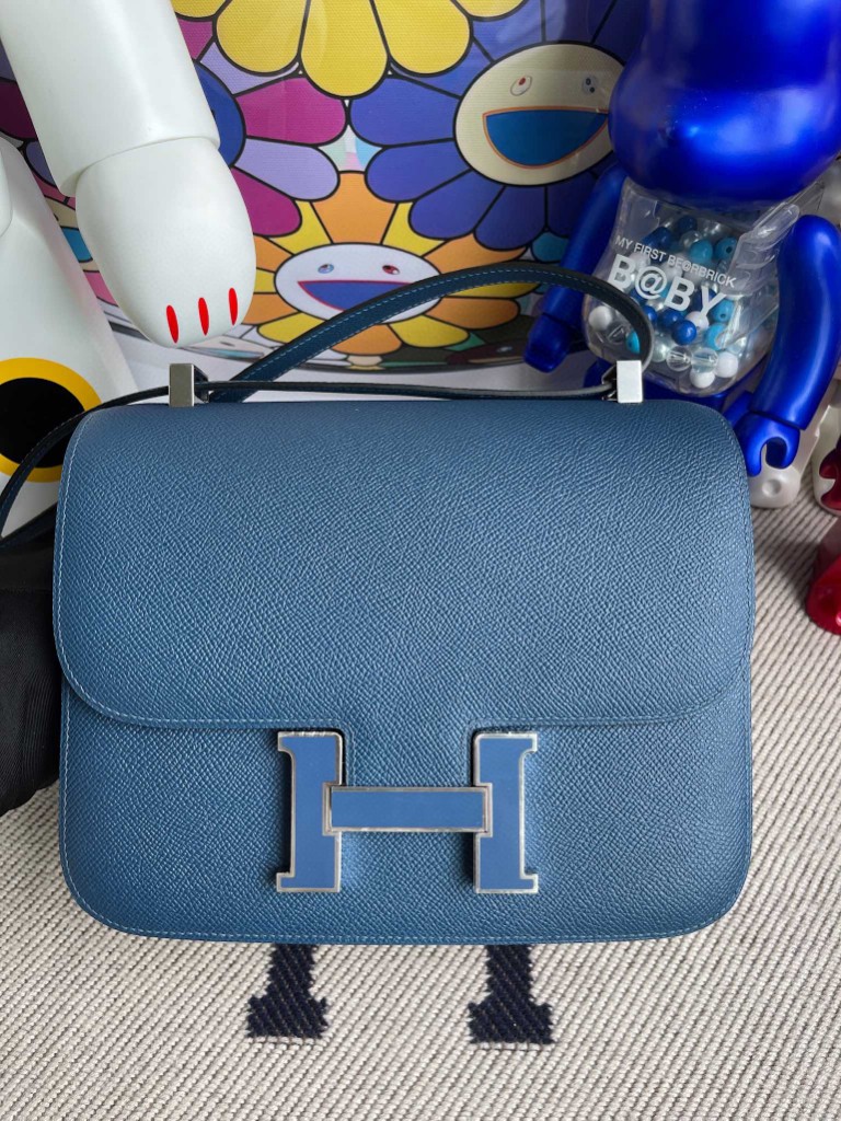 Hermès（爱马仕）Constance 空姐包 epsom 原厂掌纹皮 S4 深邃蓝 珐琅扣 银扣 24cm 顶级手缝