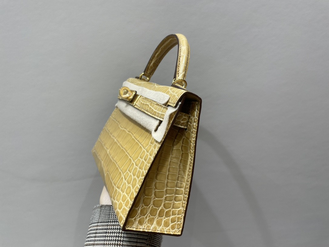Hermès（爱马仕）Mini kelly ll Alligator shiny 亮面鳄鱼 杏黄 金扣 顶级手缝 现货
