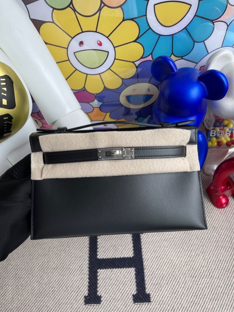 Hermès（爱马仕）Mini kelly pochette Boxcalf 黑色 Noir 银扣  22cm 顶级手缝  手拿包 晚宴包