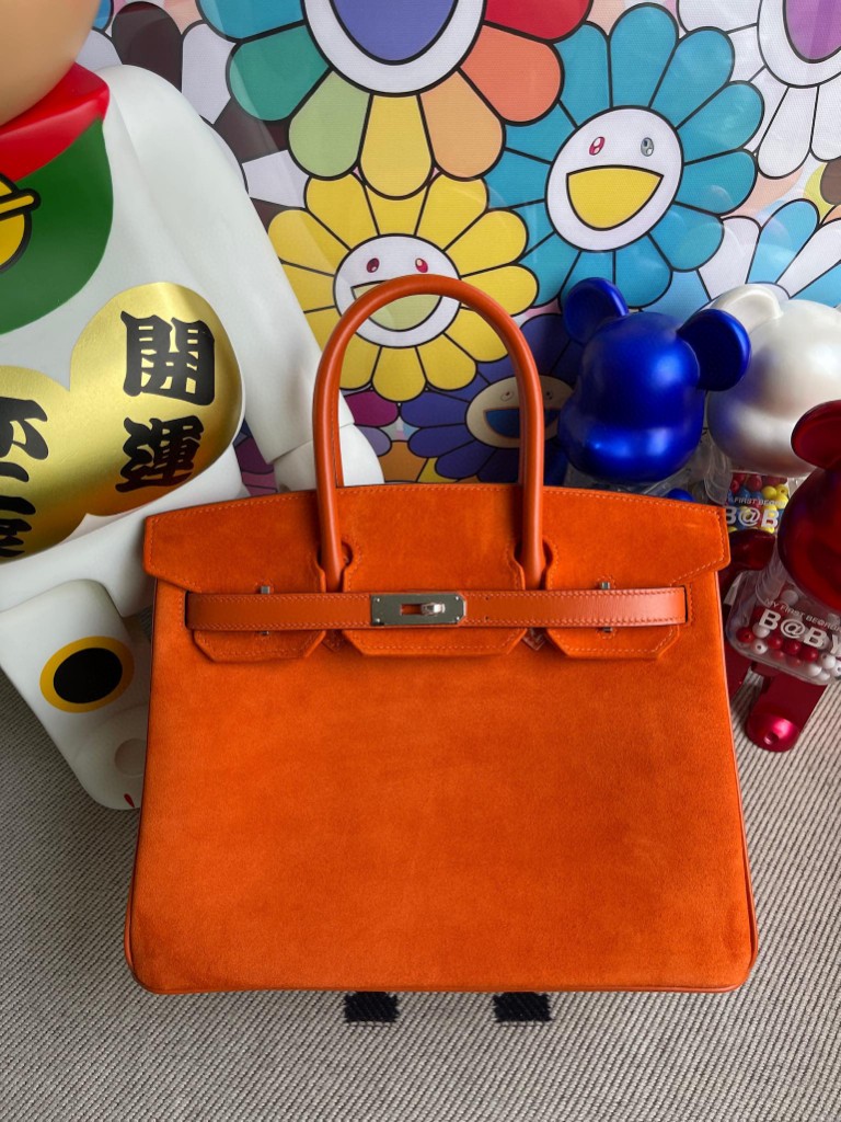 Hermès（爱马仕）Birkin 铂金包 麂皮 橙色拼boxcalf 橙色 银扣 30cm 顶级手缝 定制
