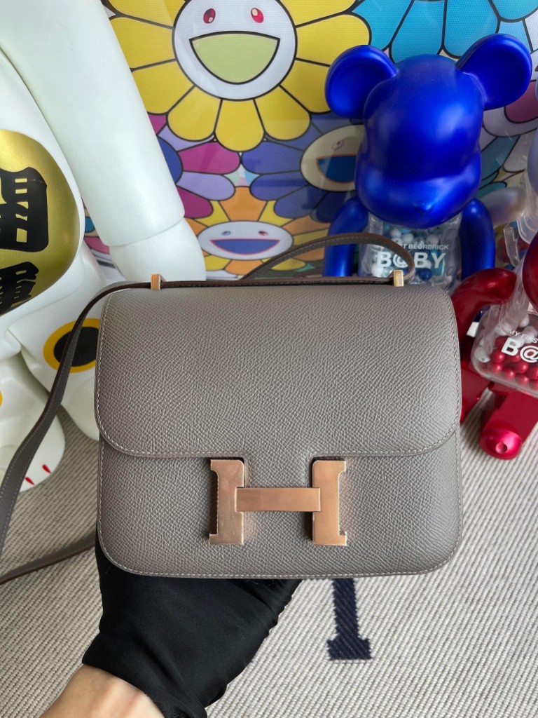 Hermès（爱马仕）Constance 空姐包 Epsom 原厂掌纹皮  M8 沥青灰 Gris ashpite 玫瑰金扣 18cm 顶级手缝