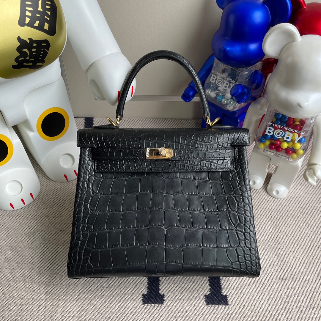 Hermès（爱马仕）Kelly 凯莉包 Alligator matt 雾面鳄鱼 ck89 黑色 Noir 金扣 25cm 顶级手缝 现货