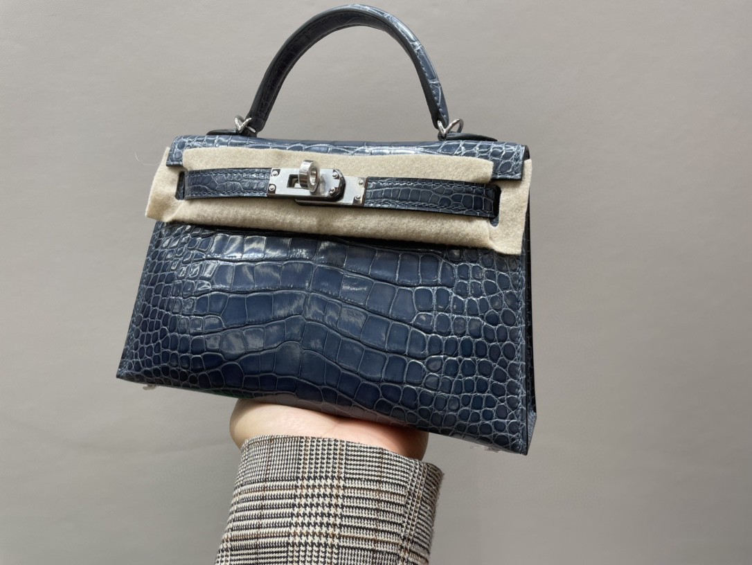 Hermès（爱马仕）Mini kelly ll Alligator shiny 亮面鳄鱼 N7 风暴蓝 银扣 顶级手缝 现货